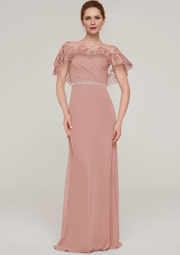 Sheath/Column Bateau Short Sleeve Long/Floor-Length Chiffon Mother of the Bride Dresses With Beading Appliqued