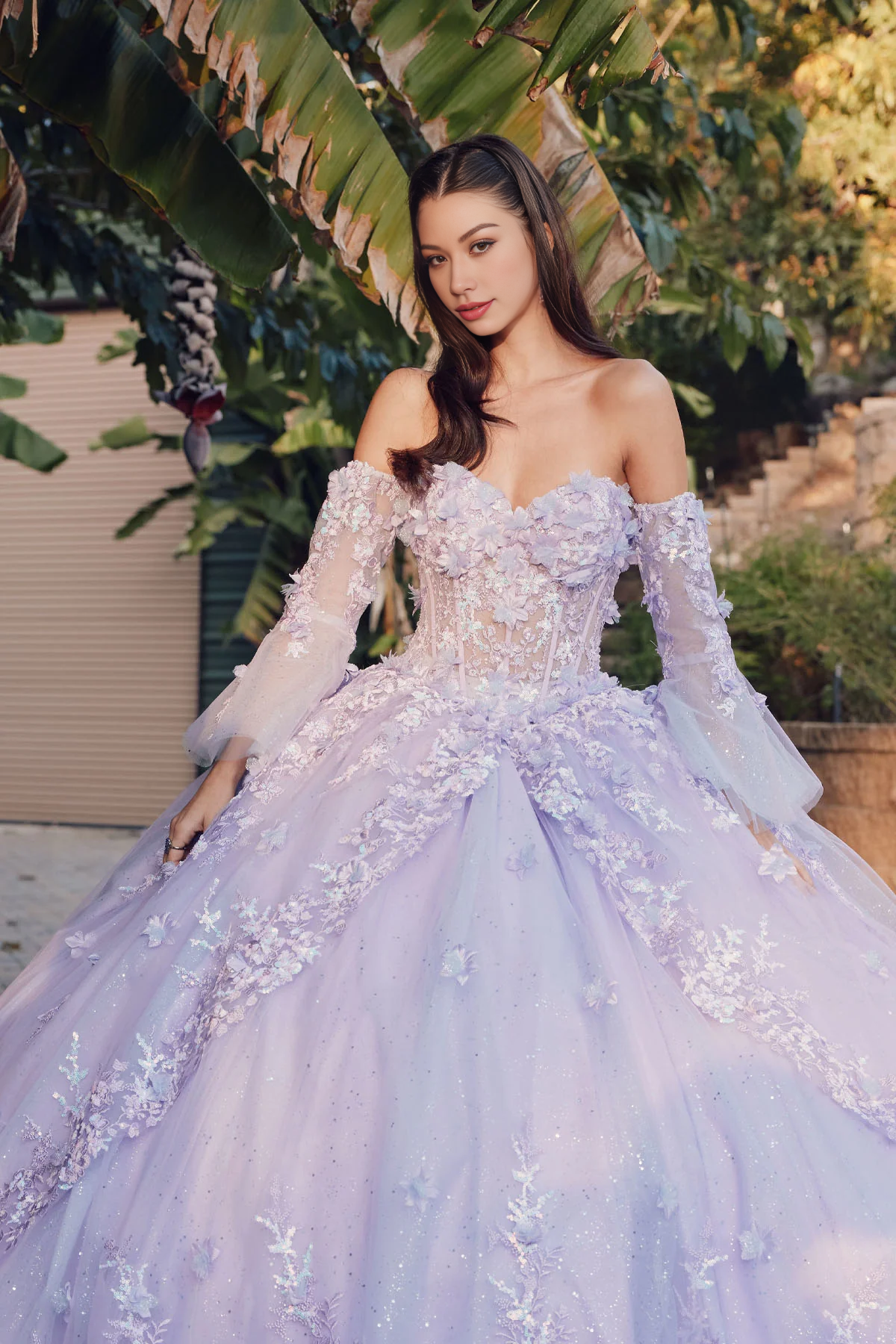 3D Floral Strapless Bell Sleeve Ball Gown Off Shoulder Prom Dresses Floral Dress Quinceanera