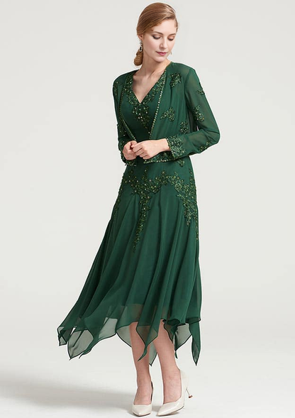 A-line V NeckTea-Length Chiffon Mother of the Bride Dress With Jacket Appliqued Beading