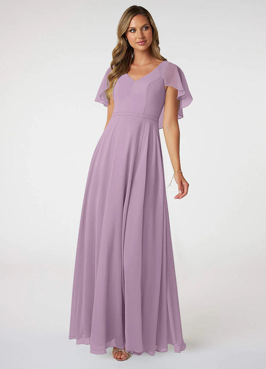 A-Line Cape Sleeves Chiffon Bridesmaid Dresses Floor-length Party Dress