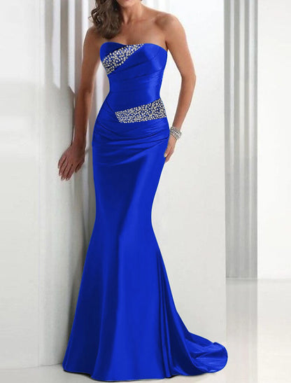 Mermaid Wedding Guest Formal Evening Dress Strapless Sleeveless Sweep / Brush Train Satin with Crystals