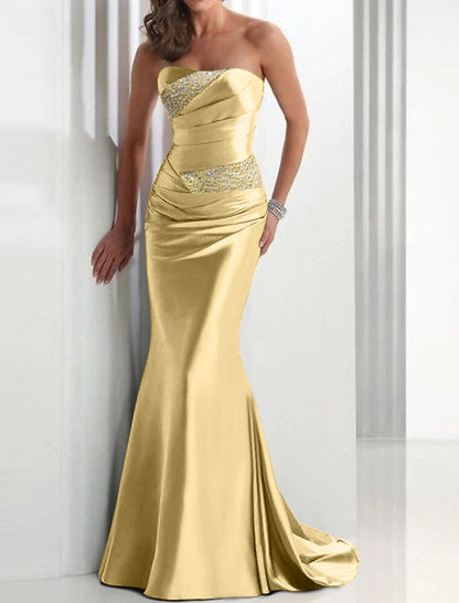 Mermaid Wedding Guest Formal Evening Dress Strapless Sleeveless Sweep / Brush Train Satin with Crystals