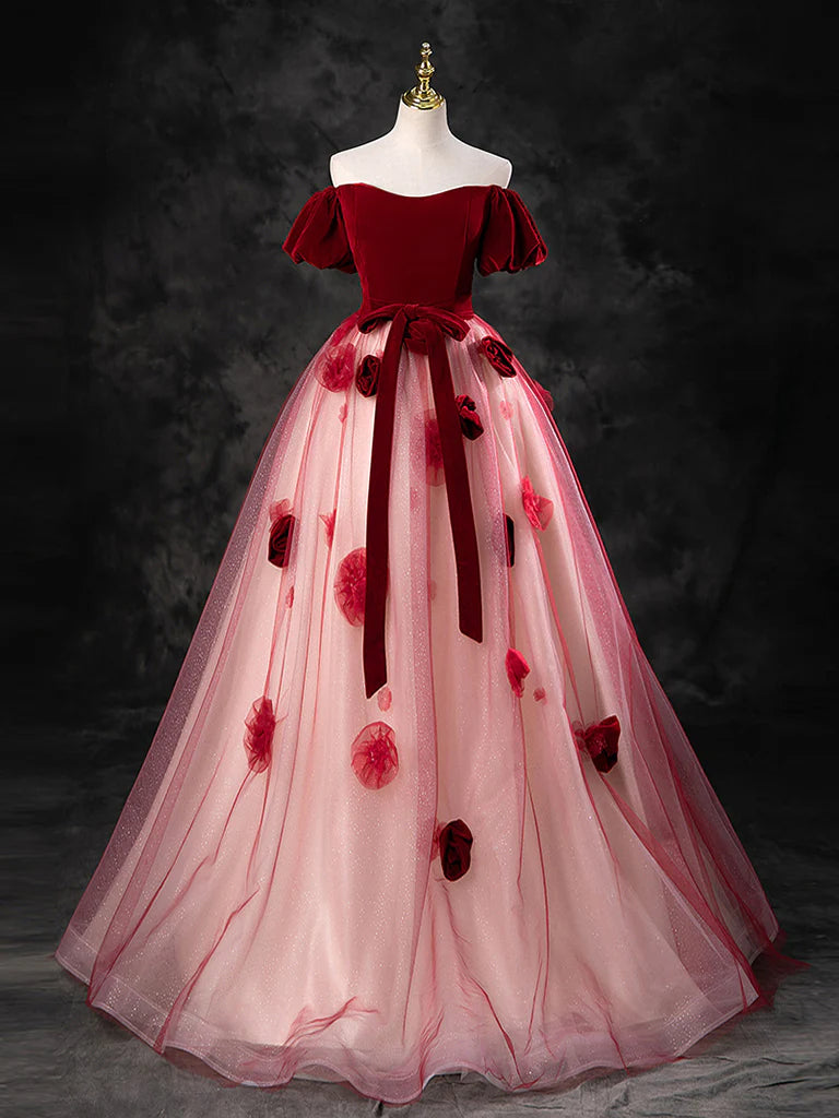 Burgundy A-Line Tulle Long Prom Dress Formal Dress Ballgown Quinceanera Dress