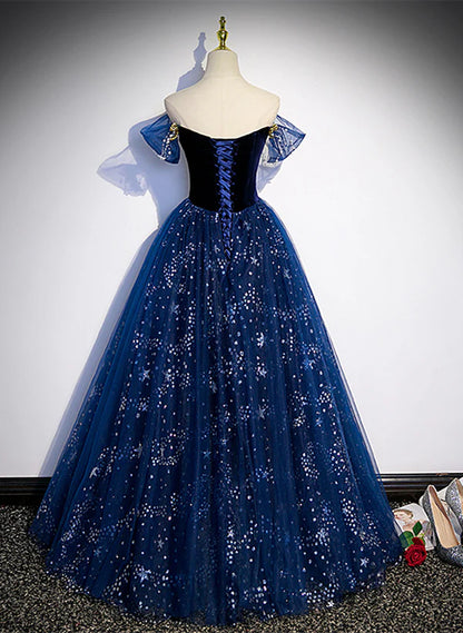 Glitter A-Line Princess Quinceanera Dress Navy Blue Tulle Off Shoulder Beaded Long Party Dress Tulle Prom Dress