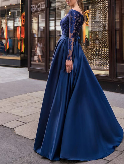 A-Line Evening Gown Wedding Guest Floor Length Long Sleeve Off Shoulder Belt / Sash Satin with Appliques