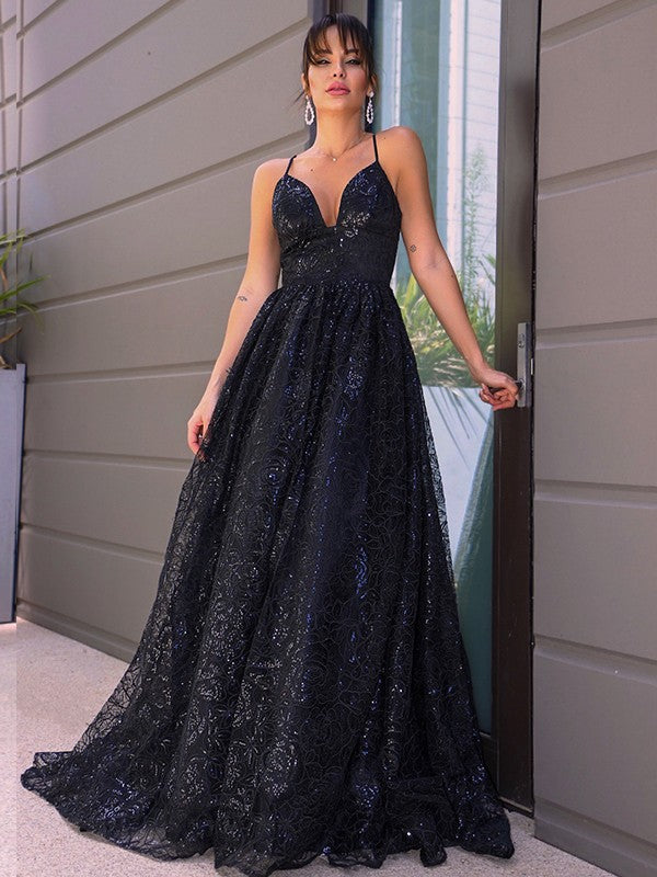 A-Line/Princess V-neck Lace Sleeveless Sequin Sweep/Brush Train Dresses