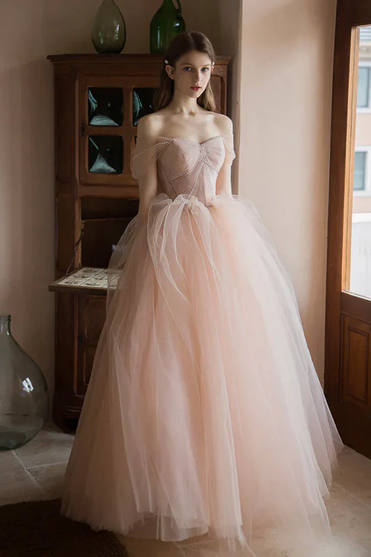 A-Line Princess Pink Tulle Off Shoulder Beaded Long Party Dress Tulle Prom Dress