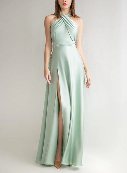 A-Line Halter Floor-Length Long Bridesmaid Dresses With Slit