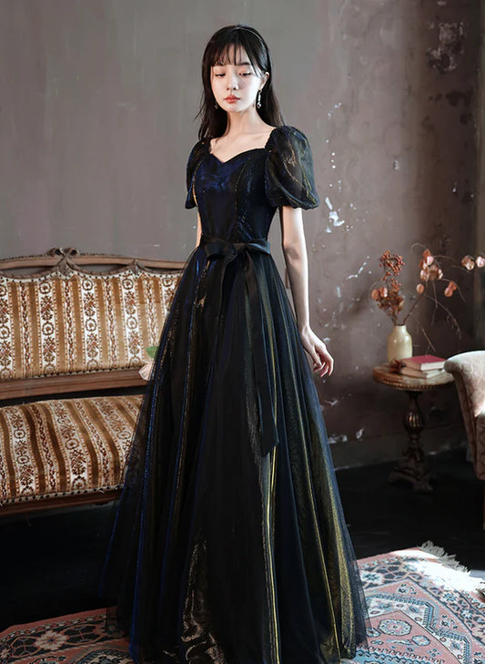 Glitter Black A-line Ballgown Short Sleeves Tulle Long Formal Dress Evening Dress Prom Dress