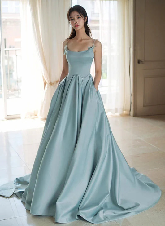 A-Line Blue Satin Beaded Straps Long Evening Dress Ballgown Satin Prom Dress With Sweep Train