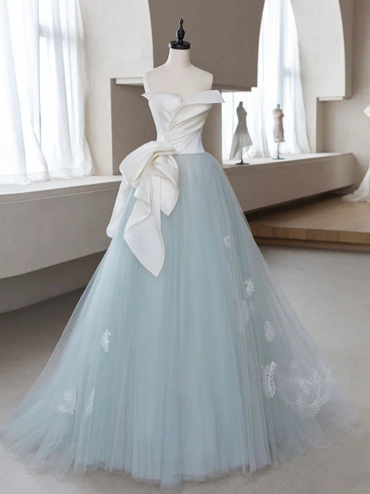 A-Line Tulle Lace Blue Strapless Long Prom Dress Formal Dress