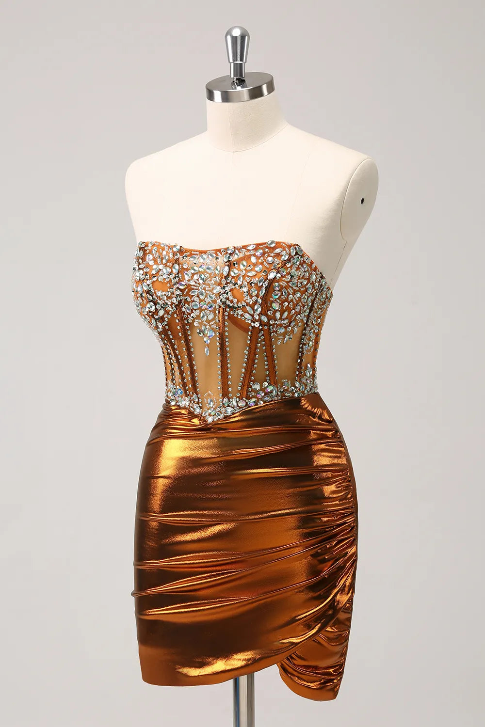 Metallic Copper Strapless Ruched Bodycon Corset Homecoming Dress with Beading