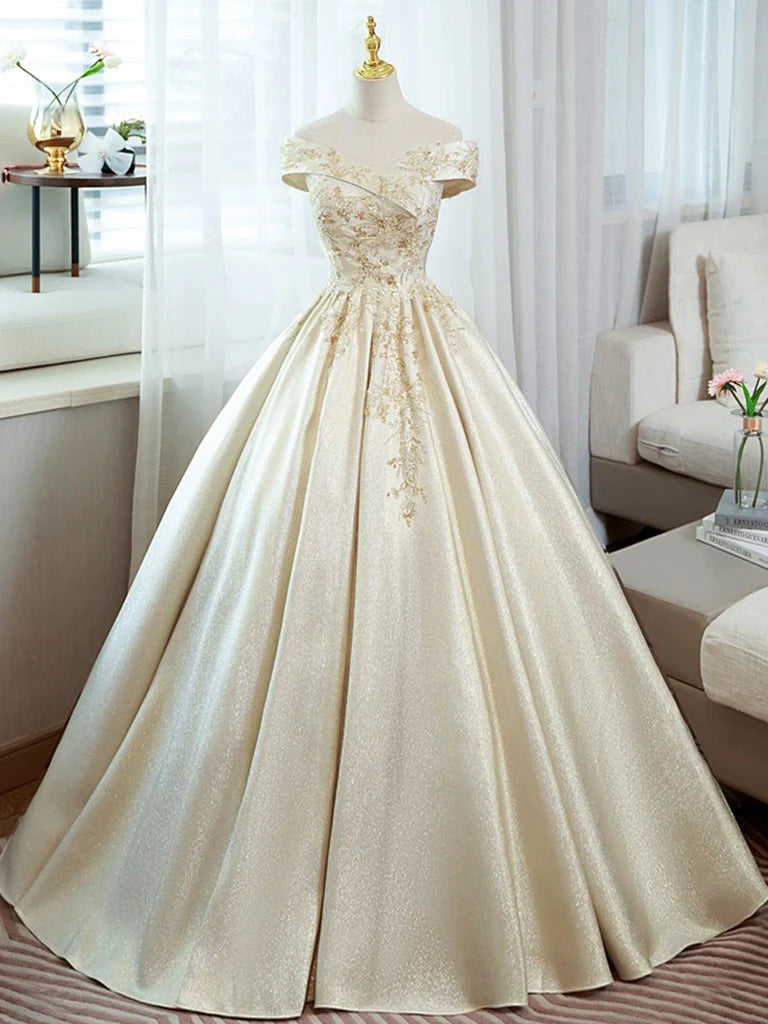 A-Line Satin Lace Off Shoulder Champagne Long Prom Dress Quinceanera Dress