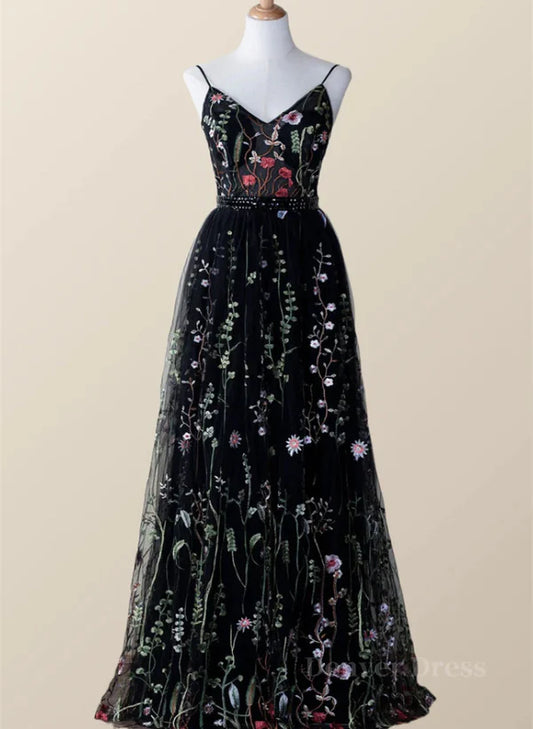 Black Floral Tulle A-line V-neckline Long Prom Dress Evening Dress Party Dress