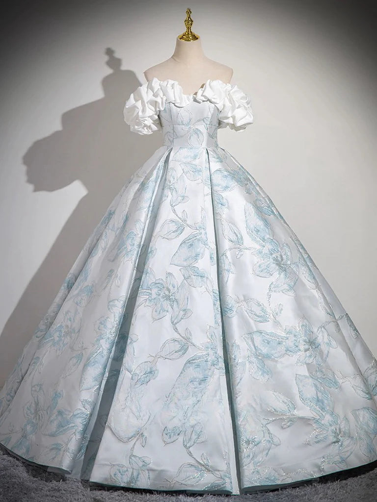 A-Line Off Shoulder Satin Blue Ball Gown Long Prom Dress With Floral Print