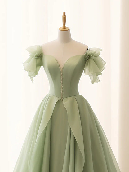 A-Line Princess Green Tulle Long Prom Dress Quinceanera Dress