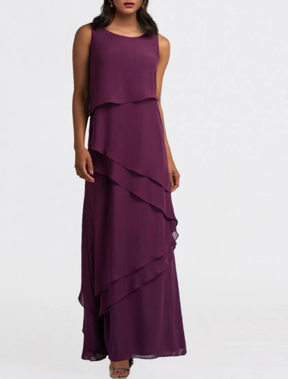 Two Piece Jewel Neck Floor Length Chiffon Mother of the Bride Dress Sleeveless with Cascading Ruffles Solid Color