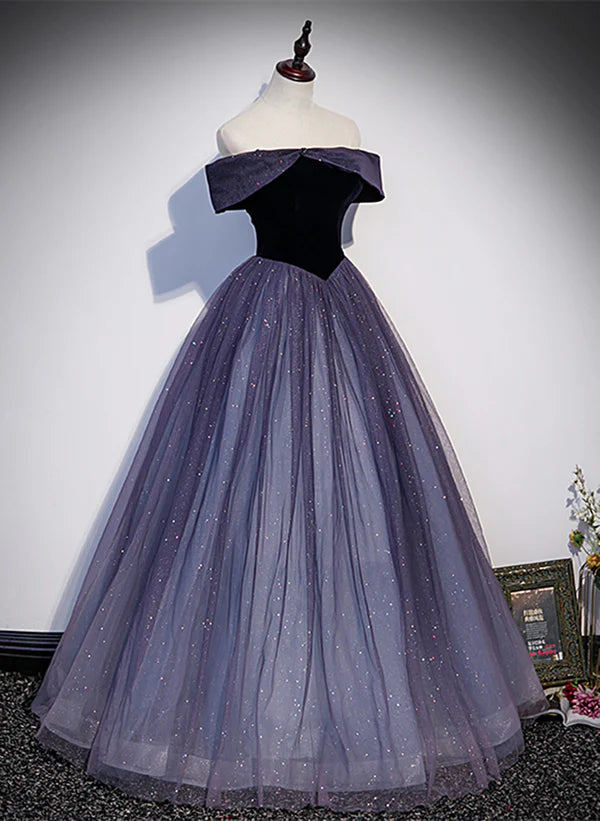 Sparkling Purple Gradient Tulle Off Shoulder A-line Purple Evening Dress Prom Dress