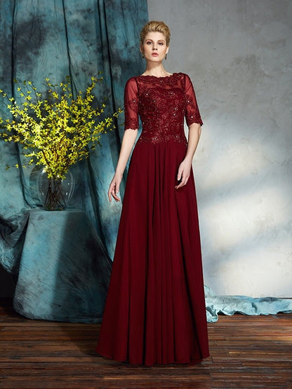 A-Line/Princess Bateau Applique 1/2 Sleeves Long Chiffon Mother of the Bride Dresses