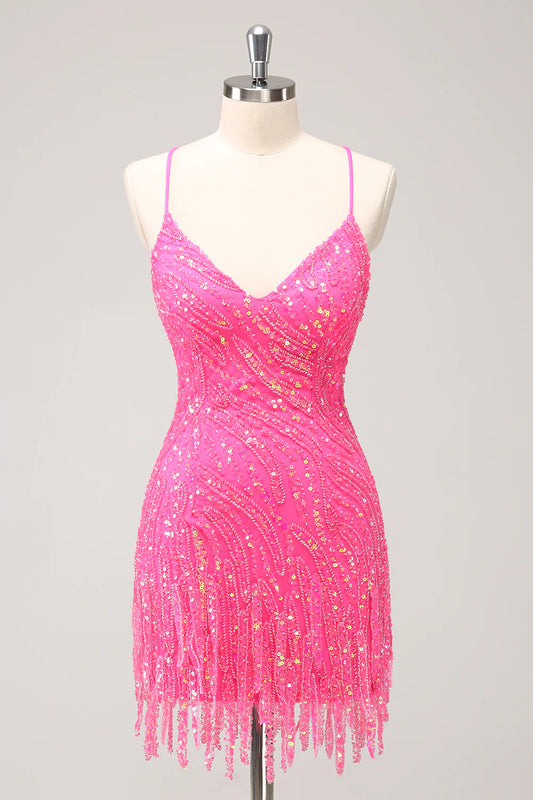 Tight Sequins V Neck Homecoming Dress with Fringes