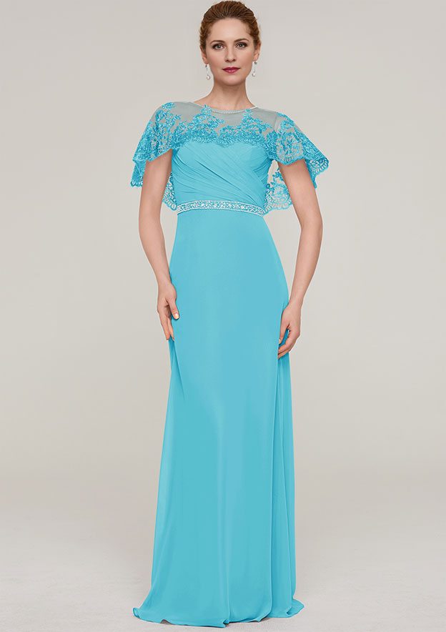 Sheath/Column Bateau Short Sleeve Long/Floor-Length Chiffon Mother of the Bride Dresses With Beading Appliqued