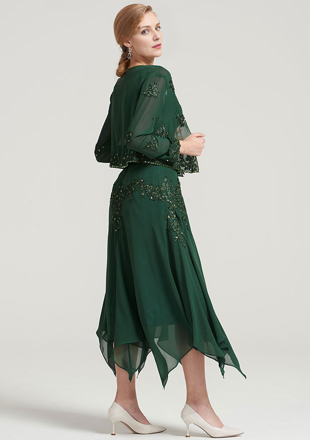 A-line V NeckTea-Length Chiffon Mother of the Bride Dress With Jacket Appliqued Beading