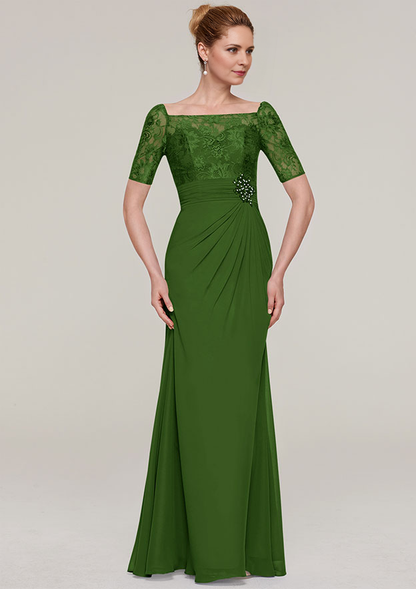 Short Sleeve Long/Floor-Length Chiffon Mother of the Bride Dresses With Pleated Appliqued Beading