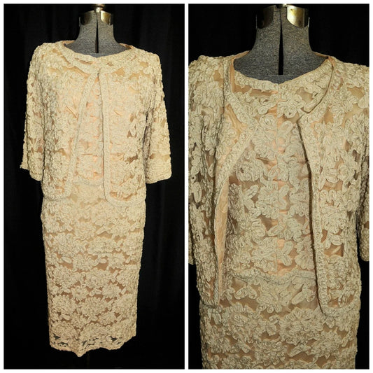 Vintage Ivory Gold Ribbon Lace Dress Jacket Wedding Mother of the Bride Dresse Formal Party