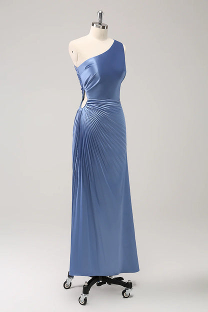 Blue One Shoulder Satin Keyhole Long Bridsmaid Dress Wedding Guest Party Dress