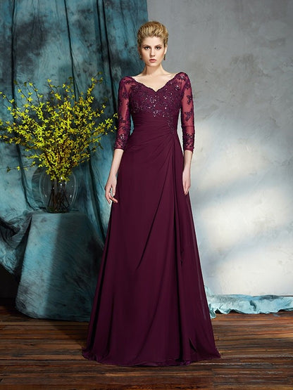 A-Line/Princess V-neck Beading 3/4 Sleeves Long Chiffon Mother of the Bride Dresses