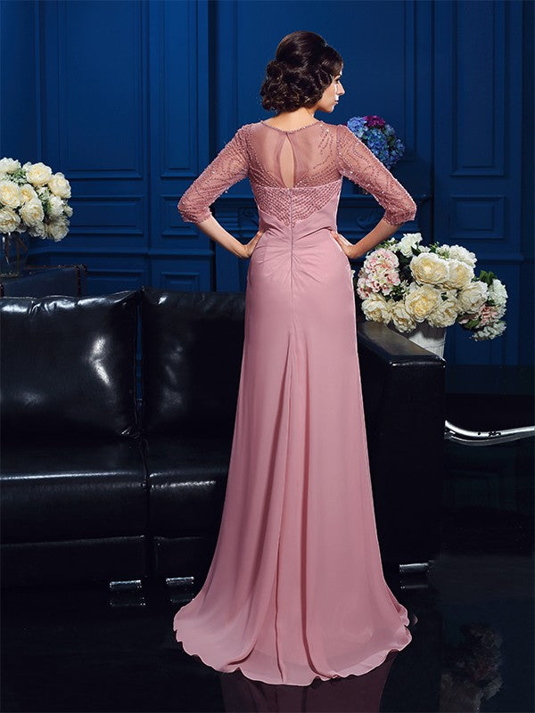 A-Line/Princess Scoop Beading 3/4 Sleeves Long Chiffon Mother of the Bride Dresses