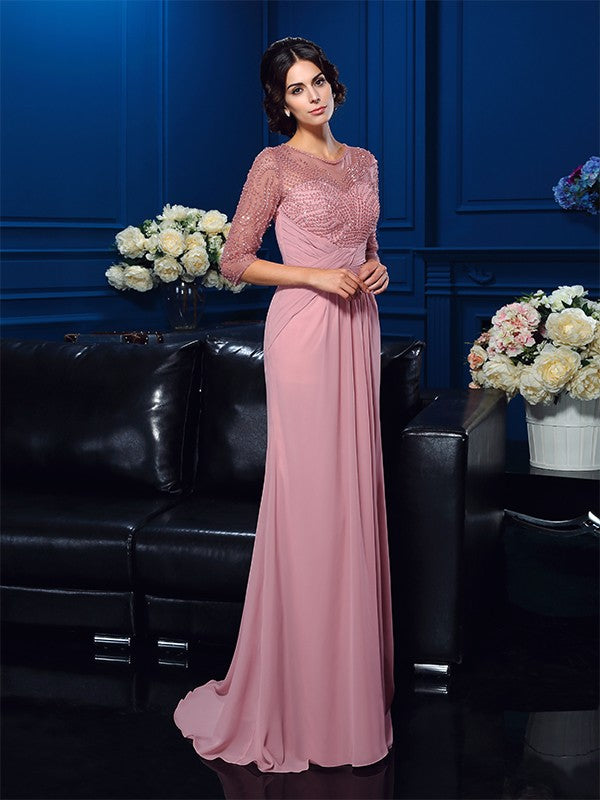 A-Line/Princess Scoop Beading 3/4 Sleeves Long Chiffon Mother of the Bride Dresses