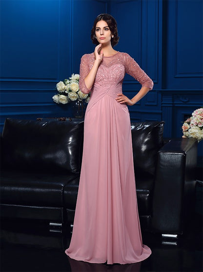 A-Line/Princess Scoop Beading 3/4 Sleeves Long Chiffon Mother of the Bride Dresses