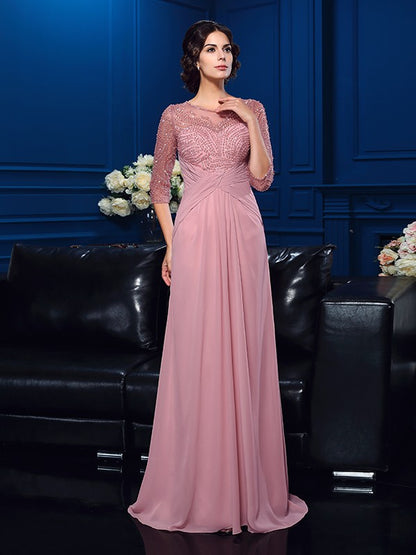 A-Line/Princess Scoop Beading 3/4 Sleeves Long Chiffon Mother of the Bride Dresses