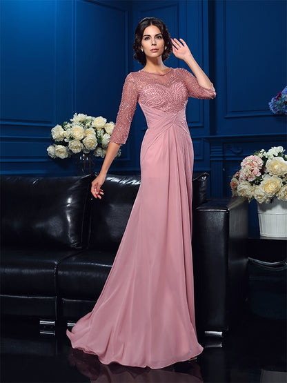 A-Line/Princess Scoop Beading 3/4 Sleeves Long Chiffon Mother of the Bride Dresses