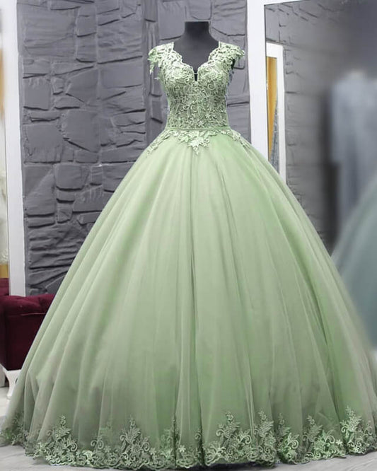 A-Line Princess Lace V-neck Cap Sleeve Tulle Ball Gown Quinceanera Dress