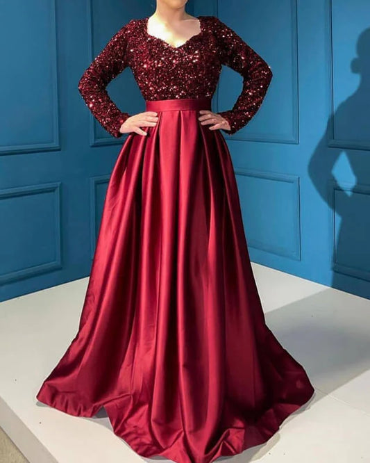 Modest Burgundy Satin V-neck Dress With Sequin Sleeves Prom Dresses