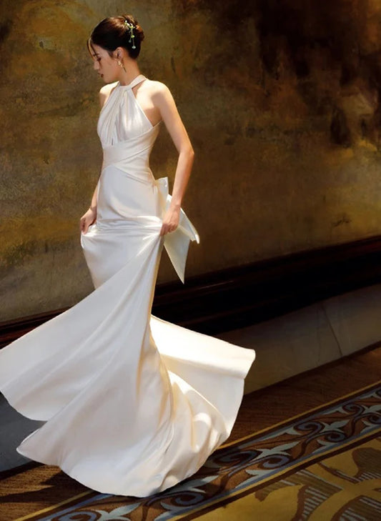 Simple White Halterneck Satin Long Party Dress Prom Dress Floor-length Evening Dress