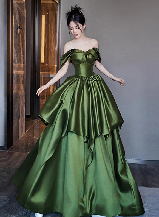 Green Satin A-line Off Shoulder Ballgown Ruffle Tiered Floor Length Party Dress Prom Dress