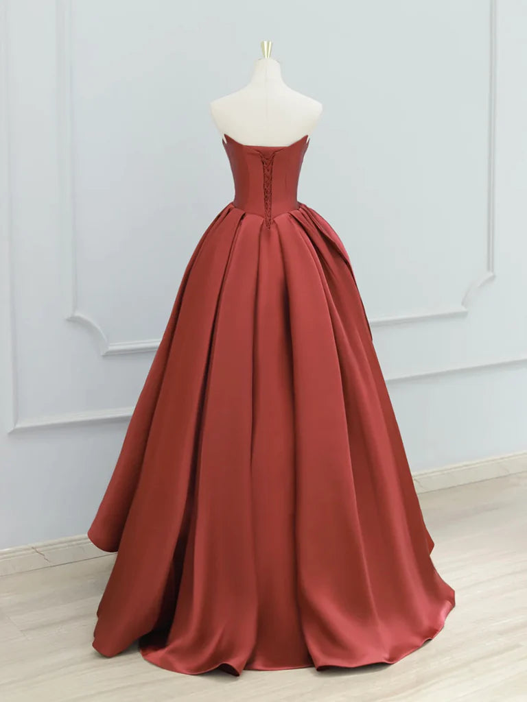 A-Line Satin Burgundy Long Strapless Prom Dress Ball Gown