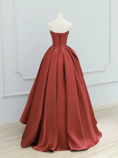 A-Line Satin Burgundy Long Strapless Prom Dress Ball Gown