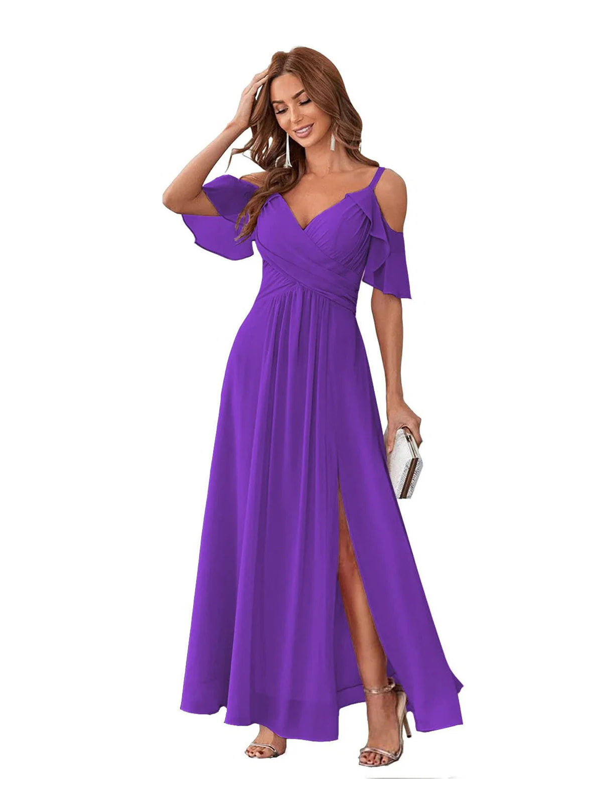 A-Line V Neck Spaghetti Straps Ankle Length Bridesmaid Dresses Chiffon with Ruffles Bow(s)