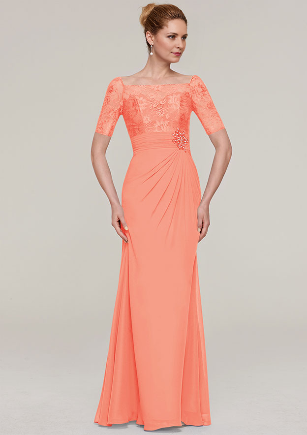 Short Sleeve Long/Floor-Length Chiffon Mother of the Bride Dresses With Pleated Appliqued Beading