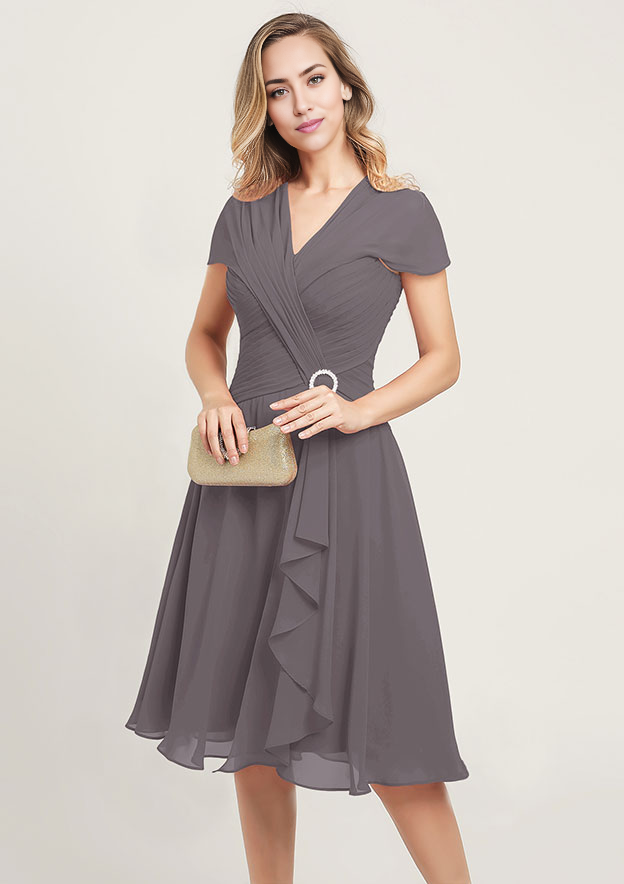 Chiffon Mother of the Bride Dress V Neck Short Sleeve Knee-Length With Sequins Beading Ruffles