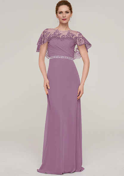 Sheath/Column Bateau Short Sleeve Long/Floor-Length Chiffon Mother of the Bride Dresses With Beading Appliqued