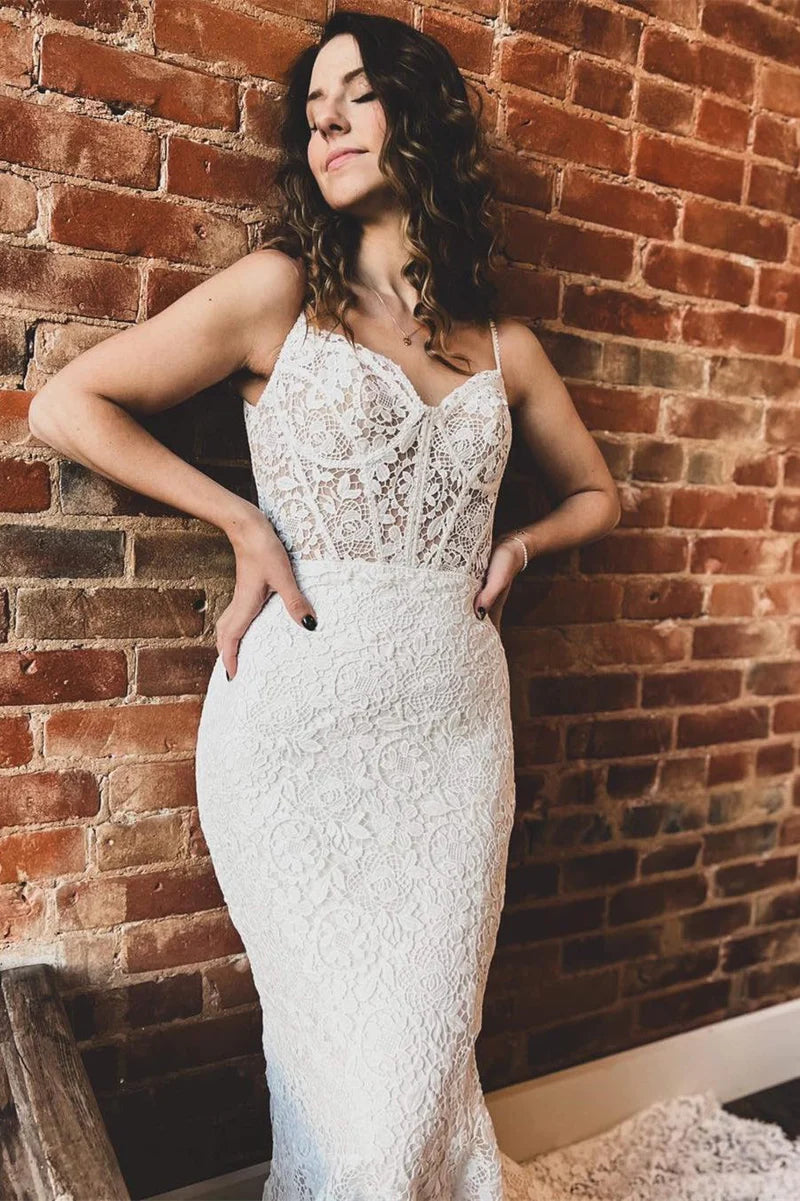 Mermaid White Lace Sweetheart Trumpet Long Wedding Dress