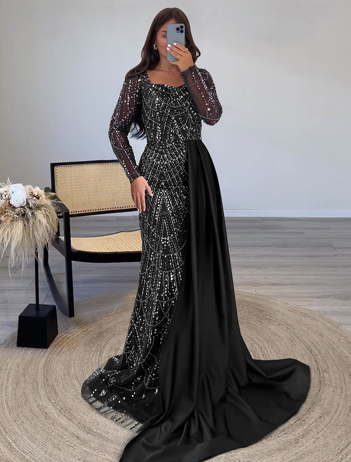 Mermaid / Trumpet Evening Gown Formal Floor Length Long Sleeve Square Neck Sequined with Glitter Slit