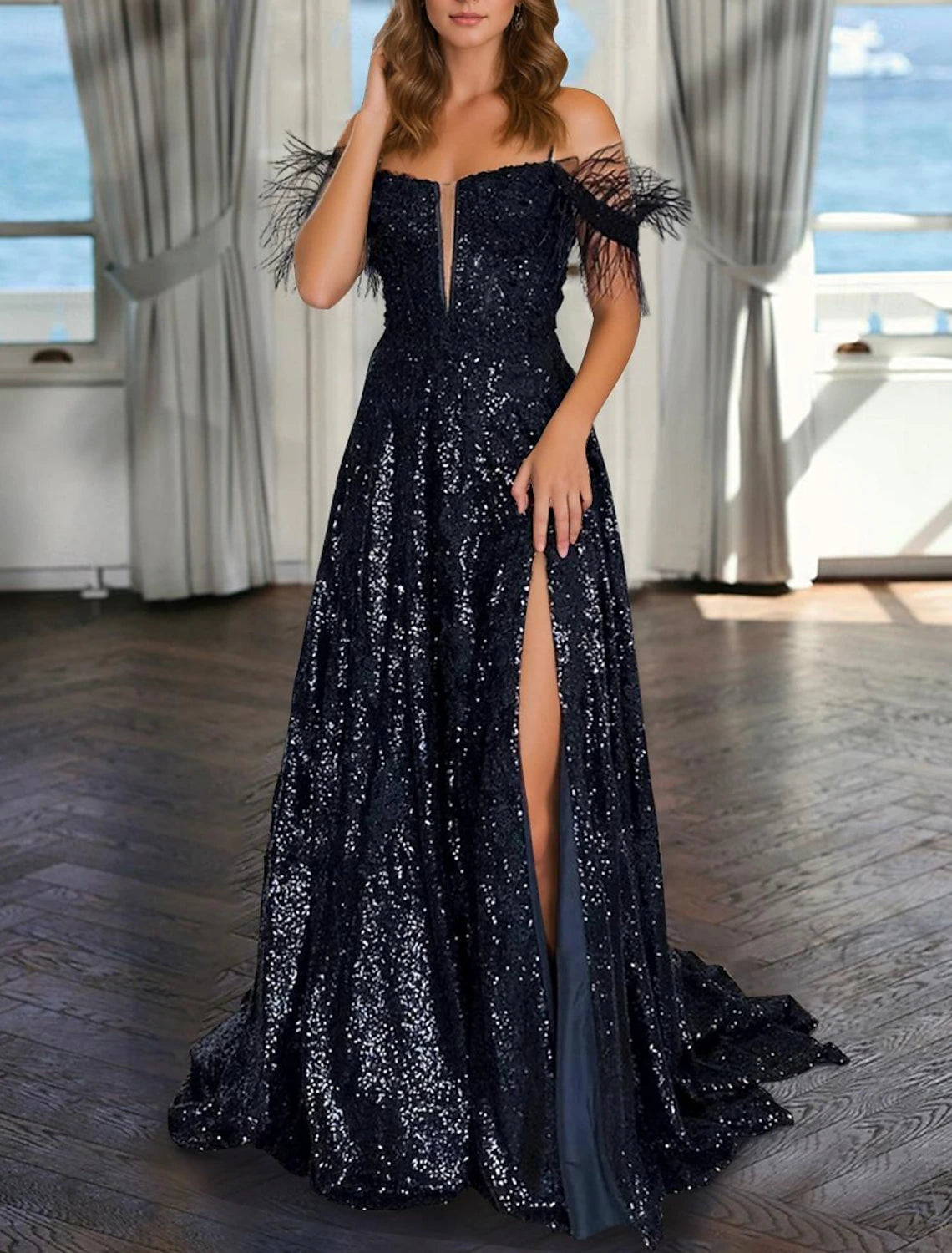 A-Line Evening Gown Wedding Floor Length Sleeveless V Neck Sequined with Pearls