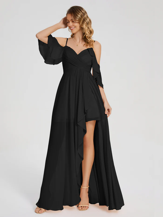 Asymmetrical Off the Shoulder Ruffles Chiffon Bridesmaid Dress