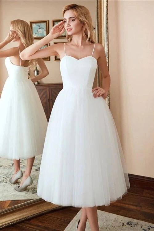 Ivory Simple Spaghetti Straps Satin Tulle Beach Wedding Dresses